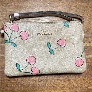 Coach Beige Wristlet with Pink and Green Cherry Design